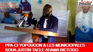 Suivez Koua Justin avec Ledebativoirien.net "Michel Koudou Gbagbo n'a pas été choisi parce qu'il est fils de Gbagbo...Bictogo vient à Yopougon pour escroquer moralement les populations de Yopougon..." 